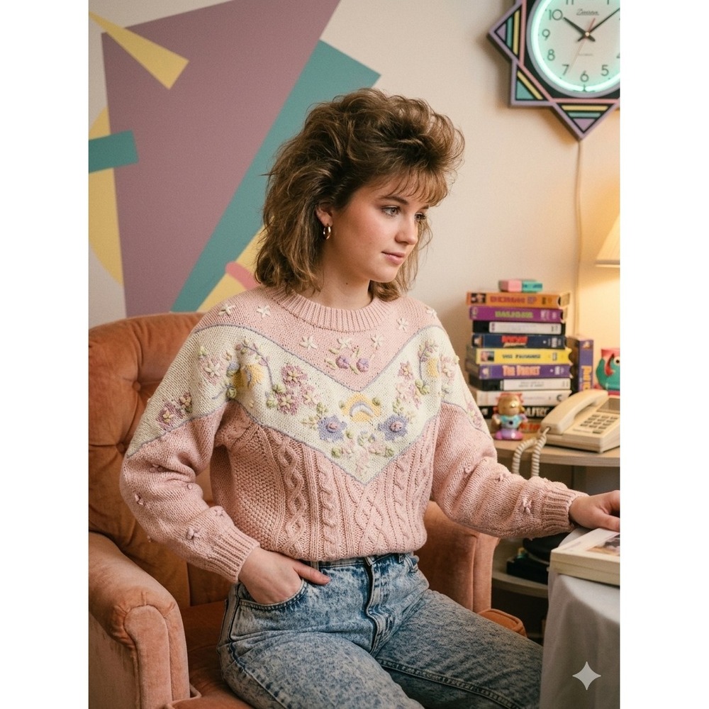 Jennifer Reed‎ Hand Knit Sweater M Pink Cable Floral Cottagecore Granny VTG 80s